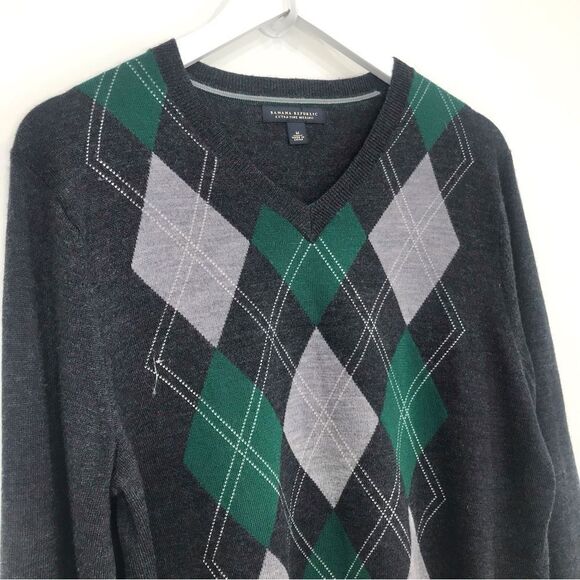 Banana Republic Gray Green Argyle 100% Merino Wool V Neck Pullover Sweater - Picture 5 of 16